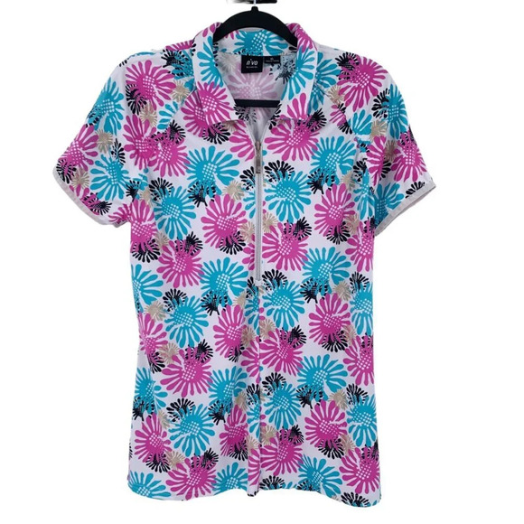 N’VO Golf Top Womens Large Pink Blue White Patterned Athletic Short Sleeve - Picture 1 of 7